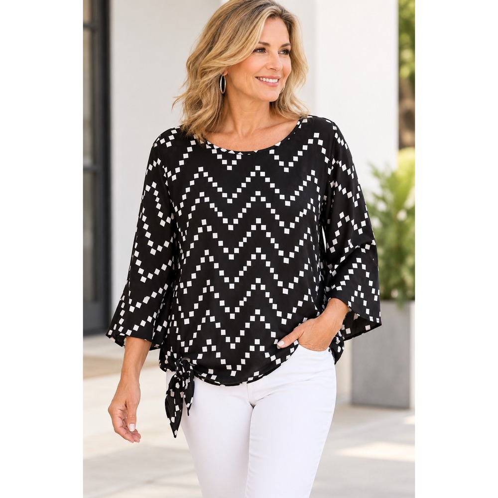 Chico's Size 3 XL Black White Geometric Print Side Tie Bell Sleeve Flowy Blouse